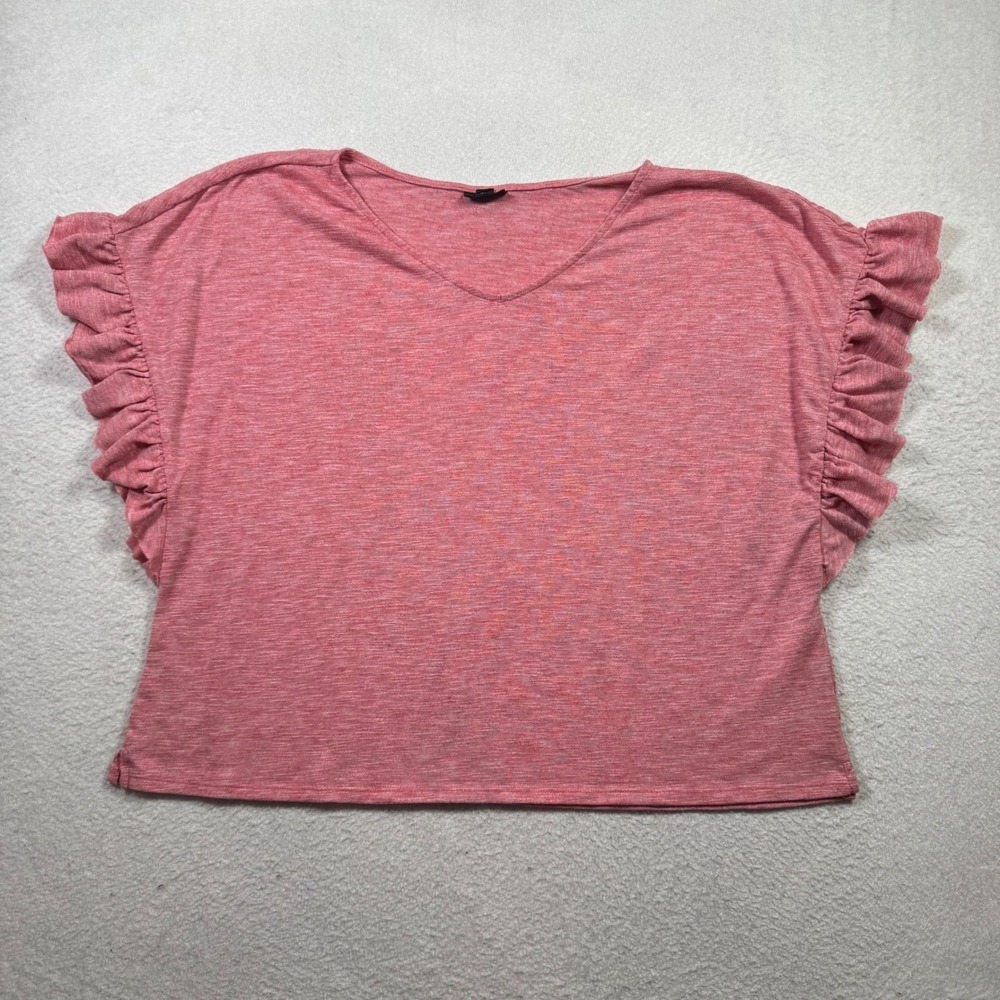 a.n.a Knit Top Women XL Coral Pink Excellent Ruffle Cap Sleeve V-Neck Heathered